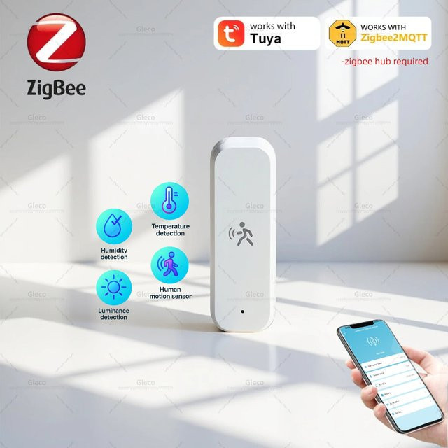 Gleco Zigbee Human PIR Bewegungsmelder mit Licht-, Temperatur- und Feuchtigkeitserkennung in Weiß für Tuya Smart Life und MQTT Home Automation - Bild 1