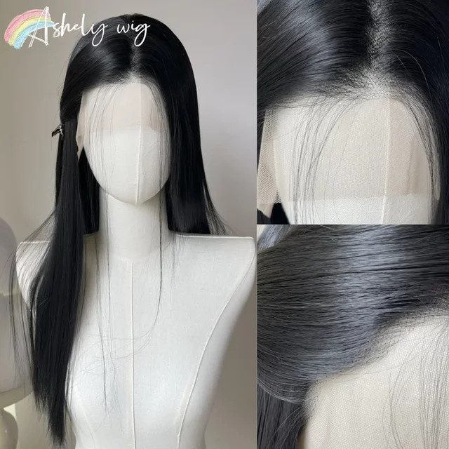 Schwarze Lace-Front-Perücke für Damen, 66 cm, hitzebeständige Synthetikfaser - Bild 1