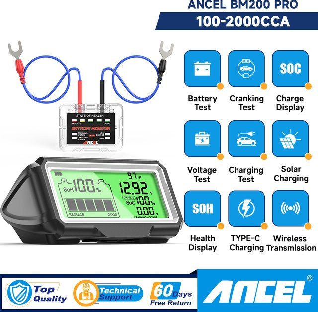 ANCEL BM200 PRO 12V Auto Batterie Kapazität Tester mit LED-Anzeige und SOH SOC Analyse in Schwarz - Bild 1