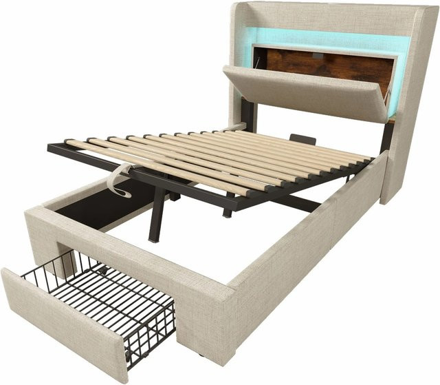 okwish Polsterbett Beige mit LED-Beleuchtung, USB-Ladeport, Nachttischregal und Schubladen, B/T/H: 90 x 200 cm - Bild 1