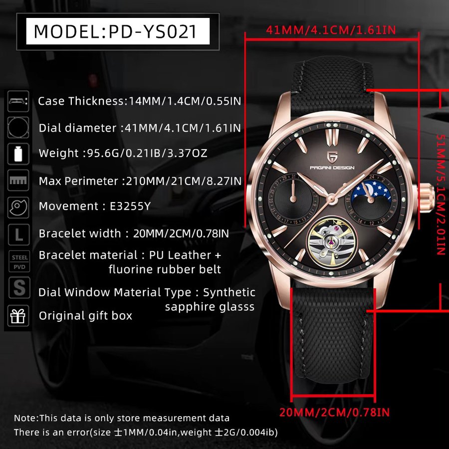 PAGANI DESIGN Armbanduhr, Automatik, Roségold, Mondphase, Leder, Herren - Bild 6