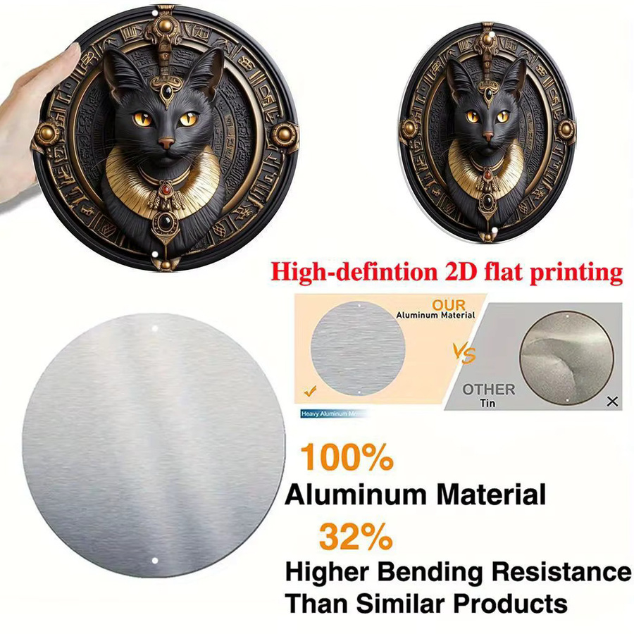 Potdemiel Retro-Wandkunstschild aus Aluminium mit Katzenmotiv in Schwarz und Gold, rund, Durchmesser: 20,32 cm - Bild 3