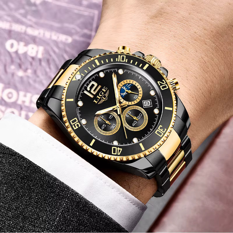 LIGE Armbanduhr Chronograph, Edelstahl, Schwarz, Quarz, Herren - Bild 4