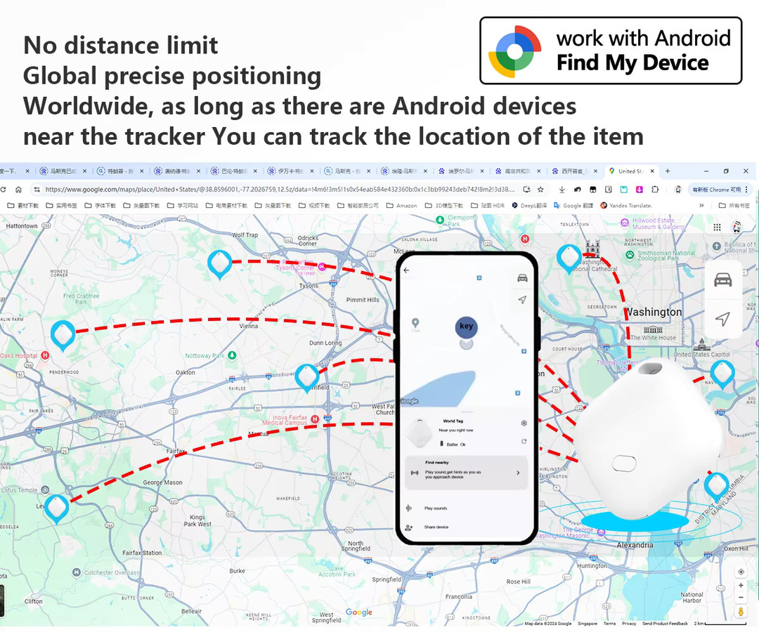 CHZHVAN Mini GPS-Tracker für Android mit Google Find My Device, tragbares Bluetooth Anti-Verlust Ortungsgerät für Schlüssel und Taschen, Schwarz - Bild 3