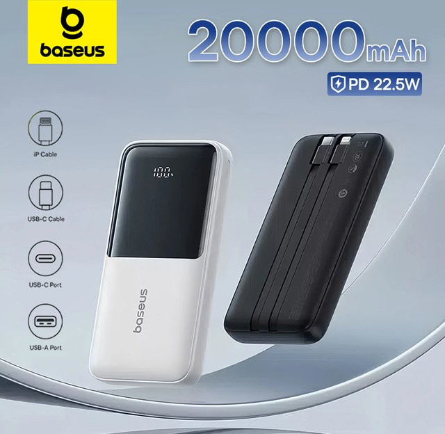 Baseus Powerbank 20000 mAh mit 22,5 W PD Schnellladung für iPhone, Samsung und Xiaomi in Schwarz oder Weiß - Bild 1