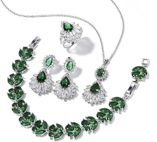 YIRAN Schmuck-Set, Anhänger, Halskette, Ohrring, Ring, Rubin, Zirkonia, Kupfer, Silber, Vintage, Damen - Bild 1