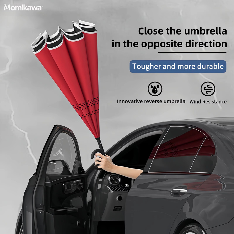 Momikawa Automatischer Regenschirm mit langem Griff, doppellagig und winddicht, Schwarz - Bild 3