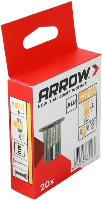 Arrow Nietmutter RN M6 aus Aluminium in Silber/Grau, Durchmesser: 9 mm, Tiefe: 15 mm, 20 Stück - Bild 1