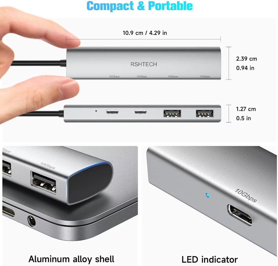 RSHTECH 4-Port USB-C 3.2 Gen 2 Hub mit 2 USB-C und 2 USB-A Anschlüssen, 10Gbps, tragbarer Aluminium USB-Verteiler für Laptop und MacBook, Silber - Bild 5