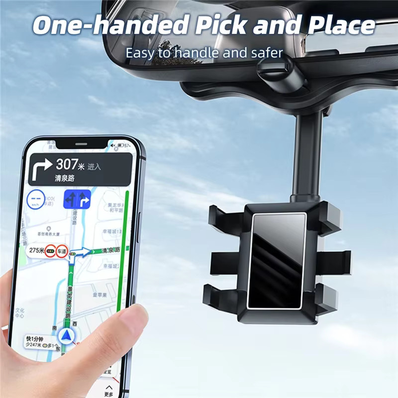 360 Grad drehbarer Auto-Rückspiegel-Telefonhalter für Smartphone und GPS in Schwarz mit verstellbarem Teleskop-Ständer - Bild 2