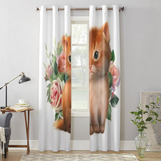 Super Six Fenstervorhang mit Katzen- und Rosenmuster in Braun, halbtransparent, Breite: 135 cm, Höhe: 60 cm - Bild 1