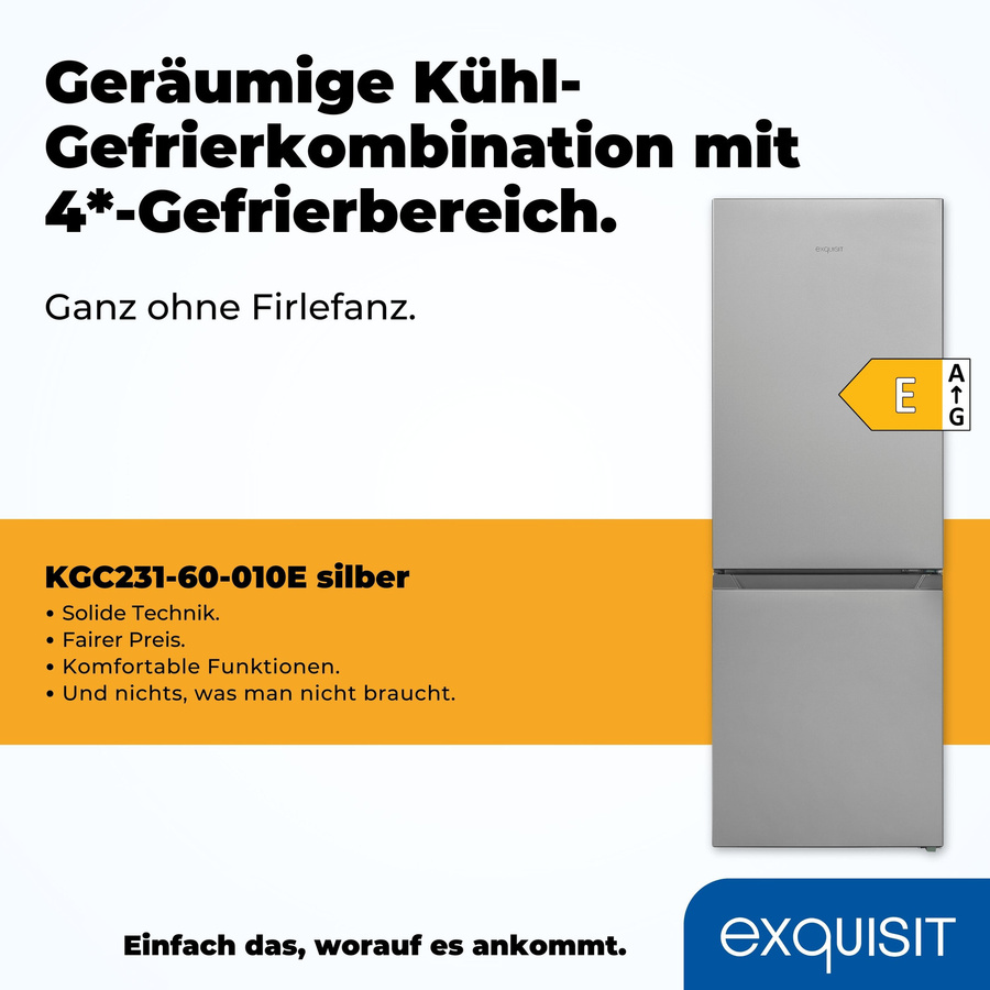 Exquisit Kühl-Gefrierkombination KGC231-60-010E in Silber, freistehend mit reversibler Tür und LED-Innenbeleuchtung, B/T/H: 56,5 x 68,0 x 175,0 cm - Bild 3