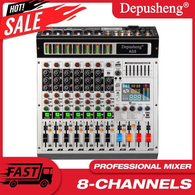 DEPUSHENG 8 Kanal DJ Mischpult mit Bluetooth und USB, Audio Mixer mit 48V Phantom Power für Karaoke und Bühne - Bild 1