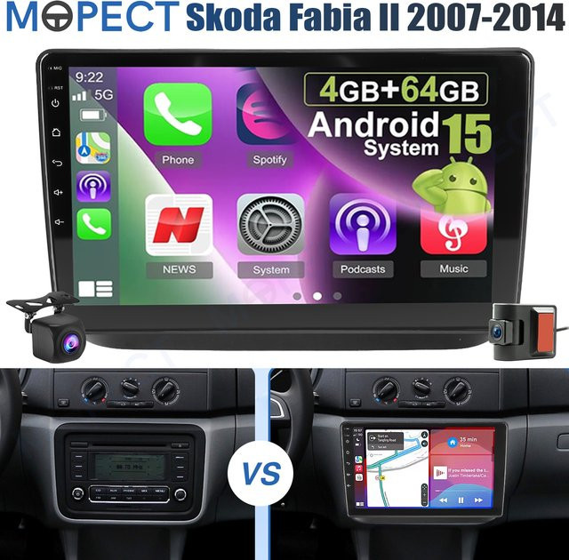MOPECT 10 Zoll Android 15.0 Autoradio für Skoda Fabia II 2007-2014 mit 4GB RAM und 64GB Speicher, Carplay, Bluetooth, GPS, Navi und DVR AHD in Schwarz - Bild 1