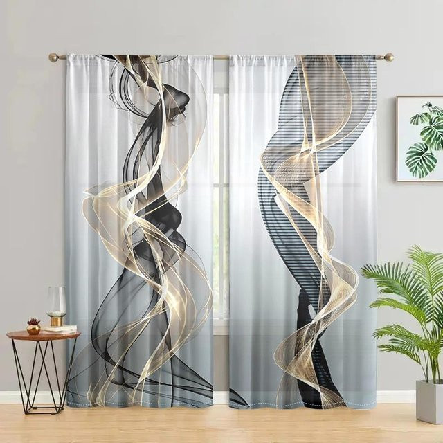 2er-Set halbtransparente Vorhänge mit abstraktem Kunstlinien-Druck von Household supplies MH, moderner Stil, Breite: 200 cm, Höhe: 220 cm - Bild 1