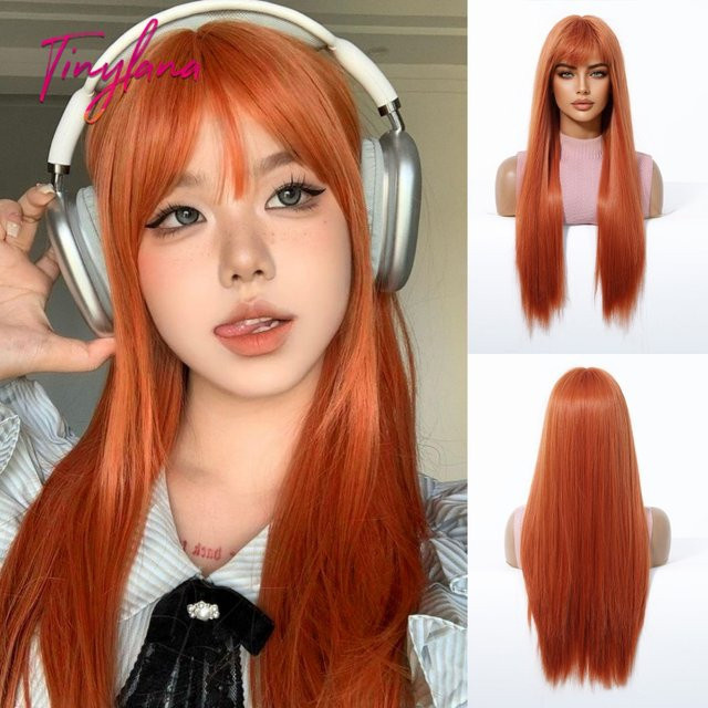 TINY LANA Perücke, lange gerade orange Kupfer Ingwerbraun, mit Pony, Damen - Bild 1