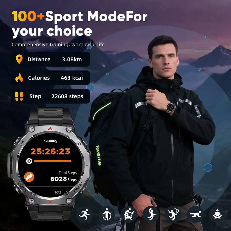 LIGE T-Rex 3 GPS Smartwatch für Männer in Schwarz mit Bluetooth Anruffunktion, 5ATM Wasserdichtigkeit und Taschenlampe - Bild 2