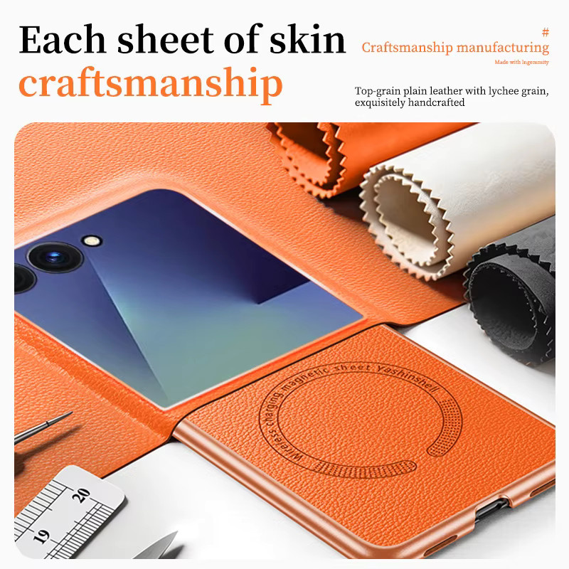 Magnetische Leder-Handyhülle für Samsung Galaxy Z Flip 7 6 5 4 und ZFlip 7FE 5G mit MagSafe Unterstützung in Orange - Bild 4