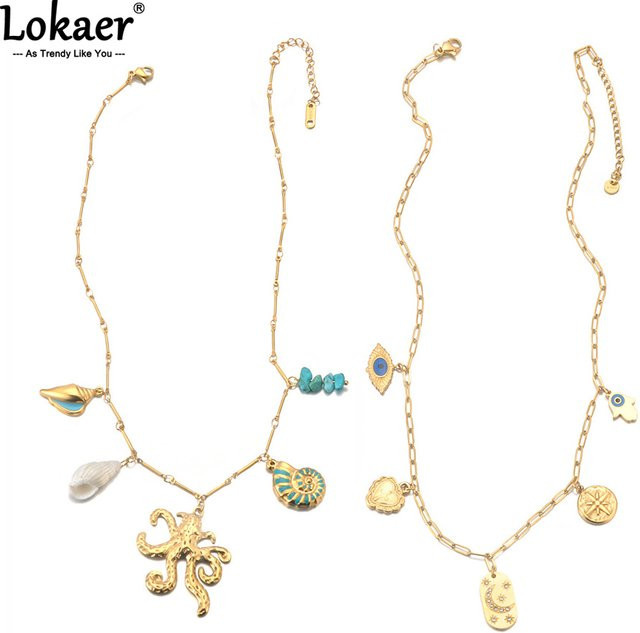 Lokaer Halskette Edelstahl, Gold, Octopus Conch Türkis Charms Anhänger - Bild 1