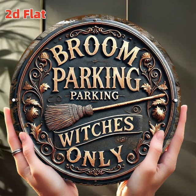 Potdemiel Halloween Wanddekoration Broom Parking for Witches rund aus Metall in Gold mit Vintage-Design, Durchmesser: 19,79 cm - Bild 1