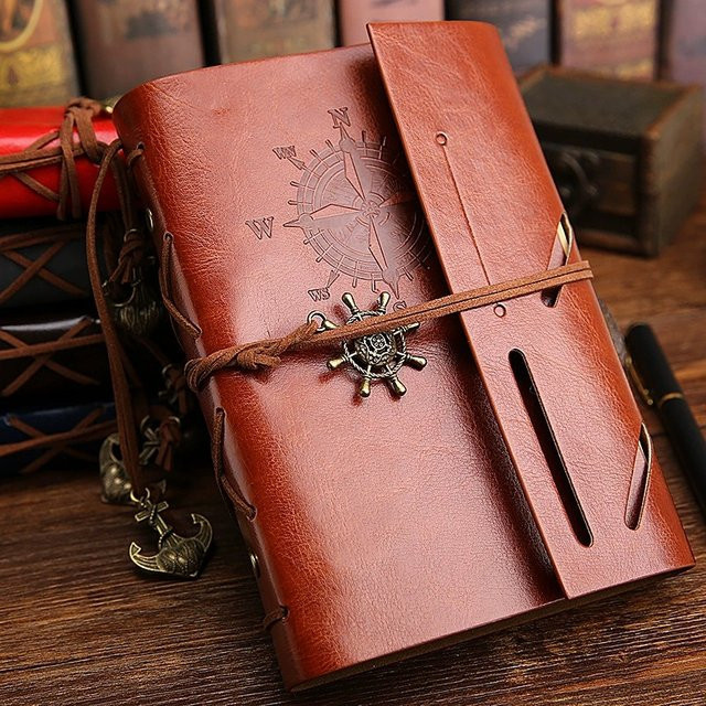 Retro-Notizbuch aus braunem PU-Leder mit weichem Einband und austauschbarem Kraftpapier, B: 14 cm - Bild 1