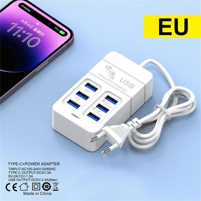 YJMP Multifunktions-Steckdosenleiste mit 120W Schnellladung, Desktop-Ladegerät mit 6 USB-Ports inklusive USB Typ C, Farbe: Weiß - Bild 1