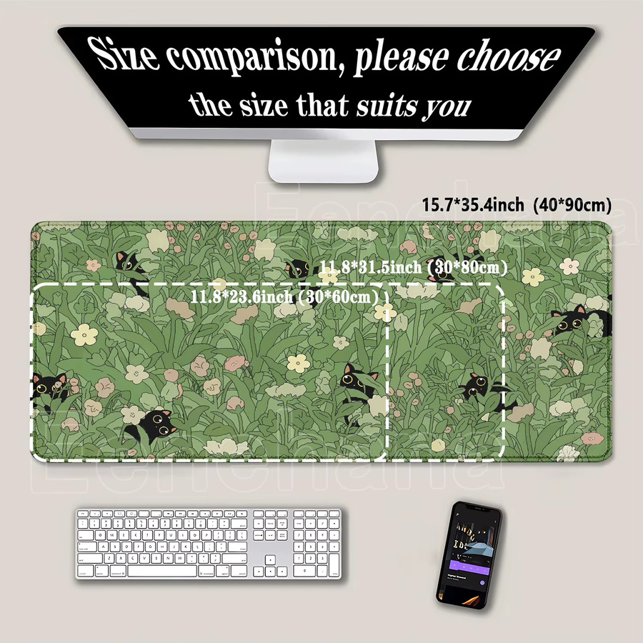 Eenehana Gaming Mauspad mit schwarzer Katze und grünen Pflanzen, groß, B/T: 90 x 40 cm - Bild 2