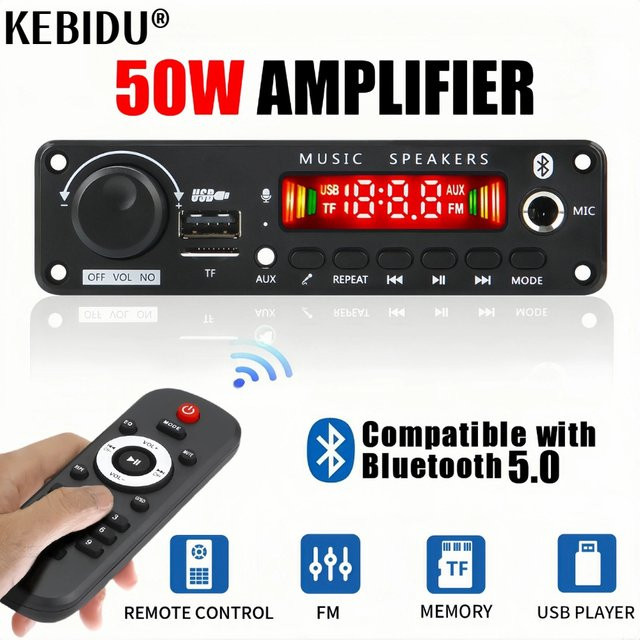 Kebidu Bluetooth MP3 Decoder Board mit 50W Verstärker, USB, TF und FM Radio, Freisprecheinrichtung für Auto Audio, Schwarz - Bild 1