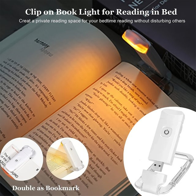 Wiederaufladbare Clip-On-Leselampe in Weiß mit dimmbarer Lichtfunktion, 4000 K Warmweiß und 1550 K bernsteinfarbenem Nachtlicht, tragbare Lesezeichenlampe für Nachttisch und Camping - Bild 1