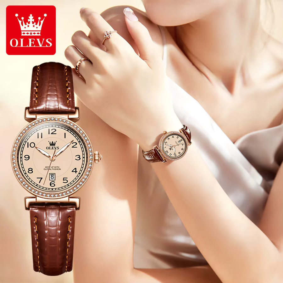 OLEVS Armbanduhr Quarz, Diamantbesetzt, Leder, Weiß, Damen - Bild 2