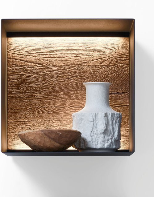 Regalelement hartmann Vara in Anthrazit und Braun mit Rückwand, Riffholz und Metall, Wandmontage mit integrierter Beleuchtung, B/T/H: 35 x 24 x 35 cm - Bild 1