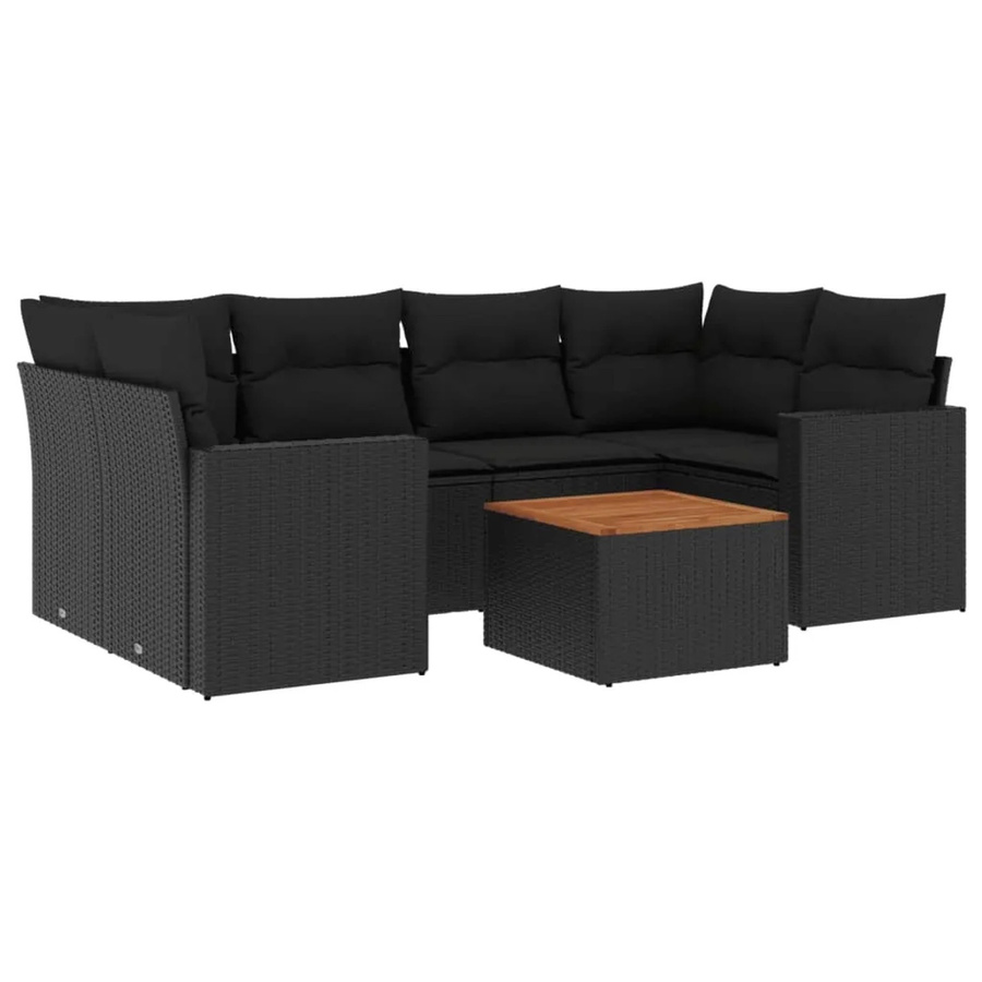 vidaXL 7-tlg Garten-Sofagarnitur aus Poly-Rattan und Akazienholz in Schwarz mit Kissen - Bild 2