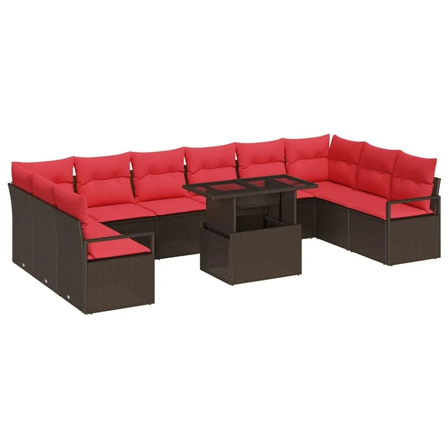 vidaXL Garten-Sofa-Set aus Poly-Rattan in U-Form mit 11-teiligem Zubehör, Farbe Braun und Rot - Bild 2
