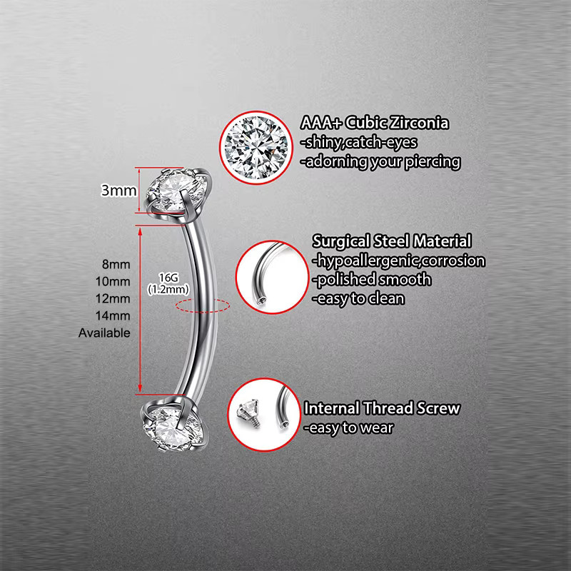 mling Piercing Gebogener Barbell, Edelstahl, Zirkonia, Silber, Unisex - Bild 3