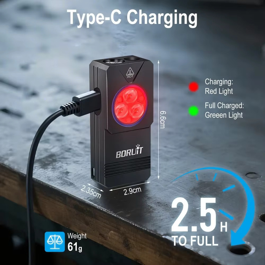 BORUiT EV30 EDC-Schlüsselanhänger Taschenlampe mit 550 Lumen, wiederaufladbare UV-LED-Arbeitsleuchte mit Magnet und Typ-C-Anschluss, Schwarz - Bild 5
