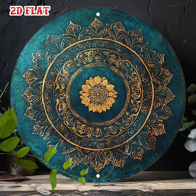 Rundes Vintage Blechschild HELLOYOUNG mit goldenem Lotus und türkisfarbenem Blumenmuster als Wanddekoration aus Metall - Bild 1