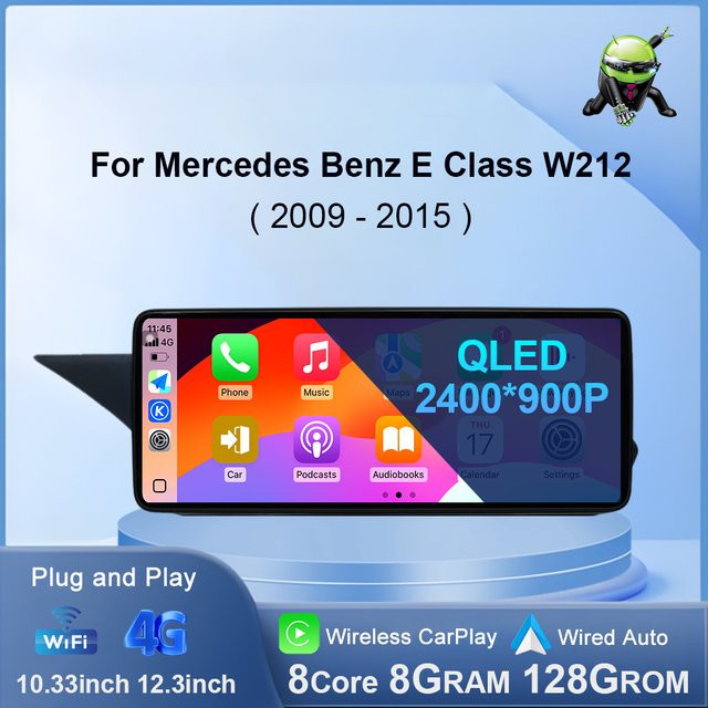 KJ-NAVI Android 14 Autoradio für Mercedes Benz E-Klasse W212 2009–2015 mit Carplay, DSP Stereo, Touchscreen, WiFi, Bluetooth und 4G in Schwarz - Bild 1