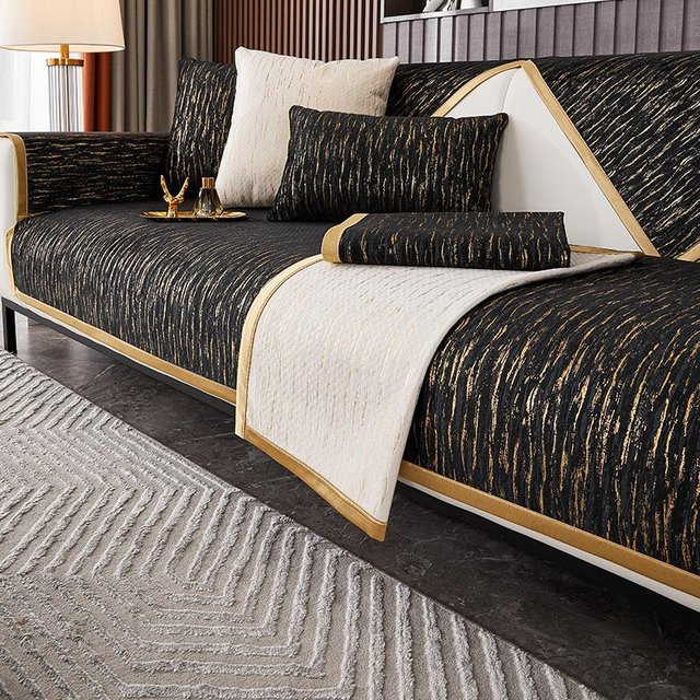 Luxuriöser Sofabezug aus Chenille mit Goldrand, rutschfestes Universal-Sofatuch in Schwarz und Gold, Breite: 70 cm, Höhe: 90 cm - Bild 1