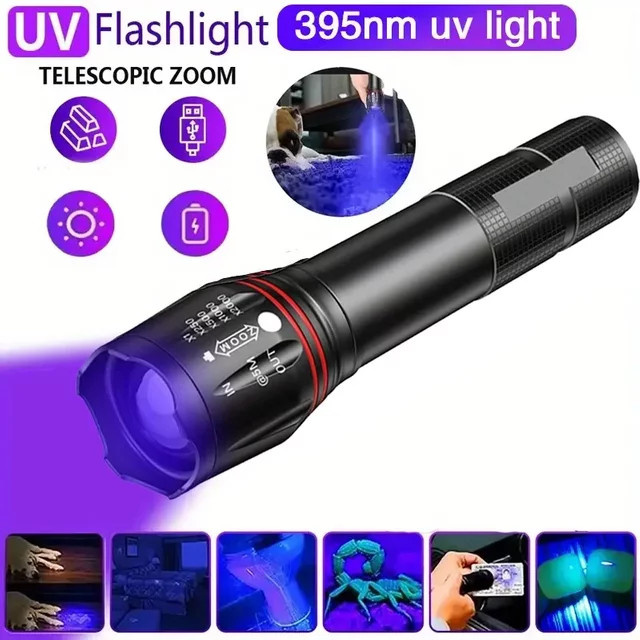 KDULIT UV-Taschenlampe 395 nm, wiederaufladbare LED-UV-Leuchte mit Zoomfunktion, Schwarz, Fluoreszenz-Detektor für Haustierflecken und Geldprüfung - Bild 1