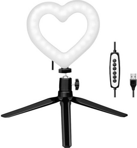 LogiLink Ring Light Heart EEK E LED Tisch-Ringlicht in Schwarz mit integriertem Stativ, Kugelkopf und RGB-Effekt, dimmbar und anpassbar - Bild 1
