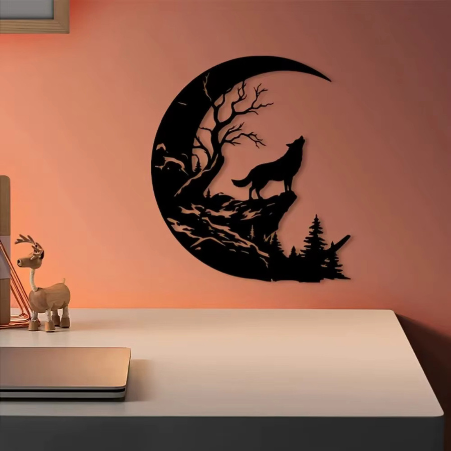 CIFBUY Heulender Wolf Metall-Wandkunst in Schwarz als wetterfeste Walddekoration - Bild 2