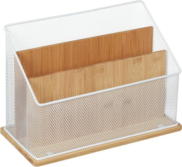 Relaxdays Dokumentenhalter aus Bambus und Metall in Natur und Weiß mit 3 Fächern, B/T/H: 20 x 29 x 14 cm - Bild 1
