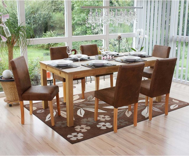 6er-Set Esszimmerstühle MCW Littau aus Textil und Wildlederimitat mit hellen Beinen - Bild 1