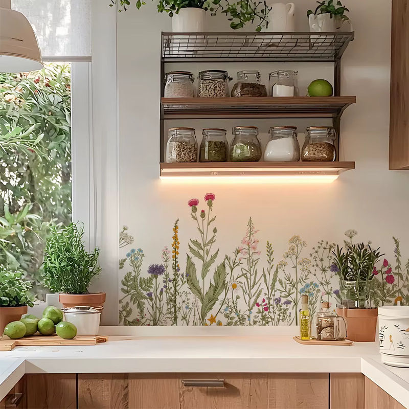 Wilde Blumen Wandaufkleber aus PVC für Küchenrückwand und Esszimmer als botanischer Wandrandaufkleber zum Abziehen und Aufkleben, Breite: 115 cm, Höhe: 115 cm - Bild 2