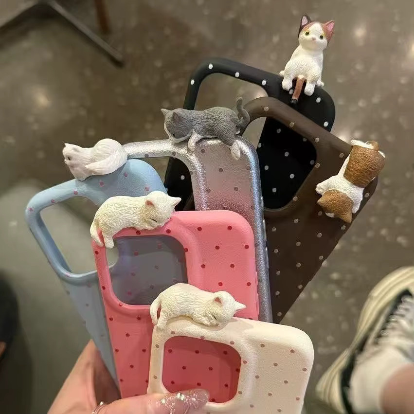 Luxus 3D Cat Polka Dot Leder Handyhülle für iPhone 11 bis iPhone 17 Pro Max in Pink - Bild 1