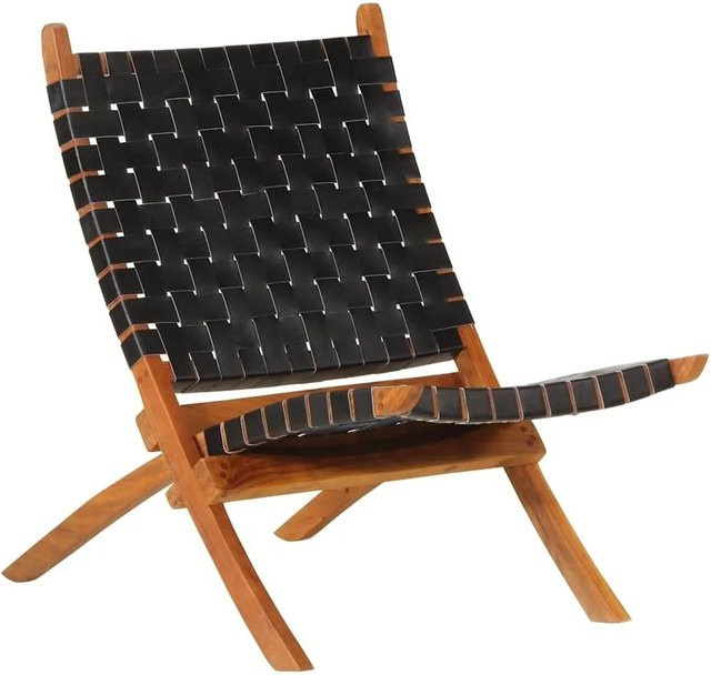 vidaXL Relaxstuhl klappbar aus schwarzem Ziegenleder und massivem Akazienholz mit Armlehnen - Bild 1
