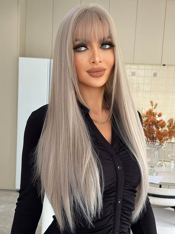 7JHH WIGS Perücke für Damen, lange aschblonde Synthetik-Haare, grau, mit Pony - Bild 5