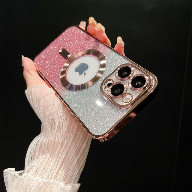 Luxus Magsafe Magnetische Handyhülle mit Galvanik-Rahmen und Linsenschutz für Apple iPhone 15 Pro Max, 14, 13, 12, 11 und 16 Plus, Farbe: Transparent/Pink - Bild 1