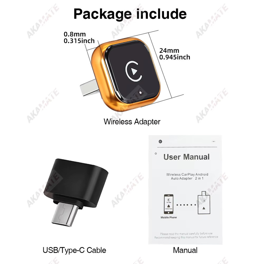 AKAMATE 2-in-1 Adapter für kabelloses CarPlay und Android Auto mit Bluetooth und USB-C in Orange und Gold - Bild 6