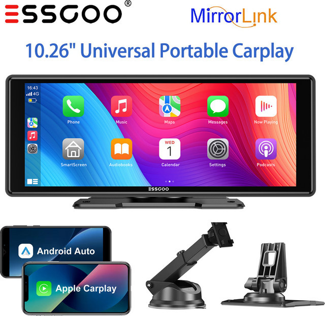 ESSGOO Tragbare Dashcam mit 10,26 Zoll HD-Display, Kabelloses CarPlay und Android Auto, GPS-Navigation, Bluetooth, FM, USB, AUX, Schwarz - Bild 1